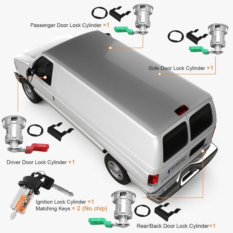 MOTORSTAR For 1997-2006 Ford Econoline, E-150 E-250 E-350 Vans Ignition Switch Lock Cylinder +4 Chrome Door Lock Cylinder Tumbler Set With 4 Clips With 2 Keys LC6177+703369 X4+597638 X2 (No Chip) - Image 4